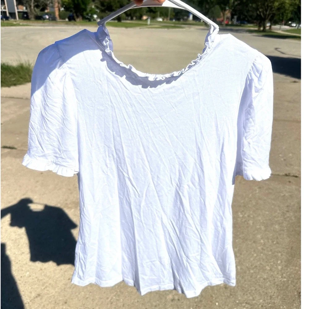 Boden Women's Supersoft Frill Detail Ruffle Neck Puff Sleeve T-shirt Sz 6 White